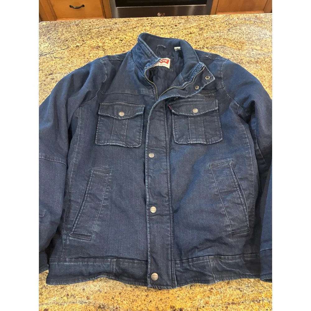 Levis Mens‎ Dark Wash Denim Quilted Field Jacket Blue Medium Utility